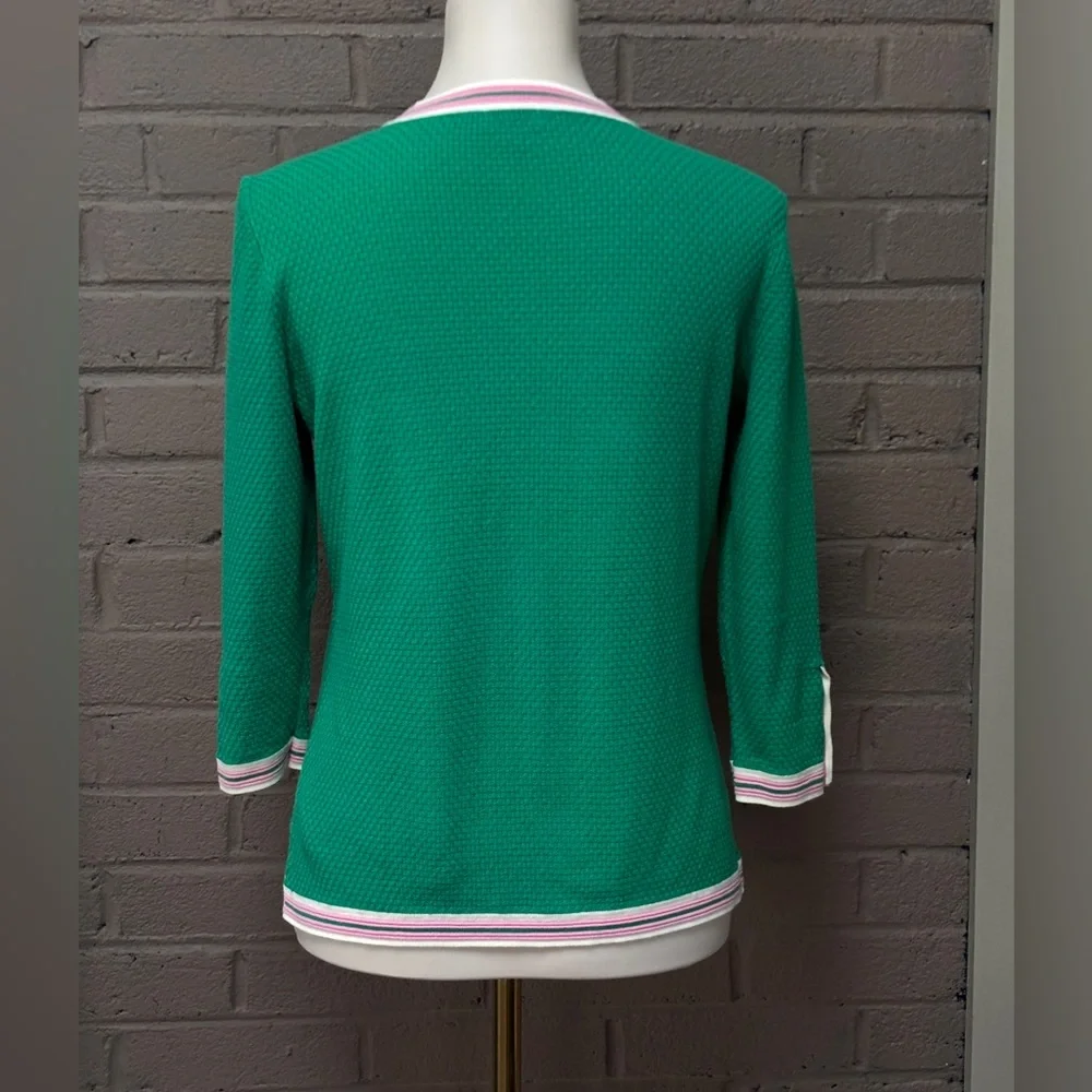 Talbots Green Cardigan with Pink and White Trim XS